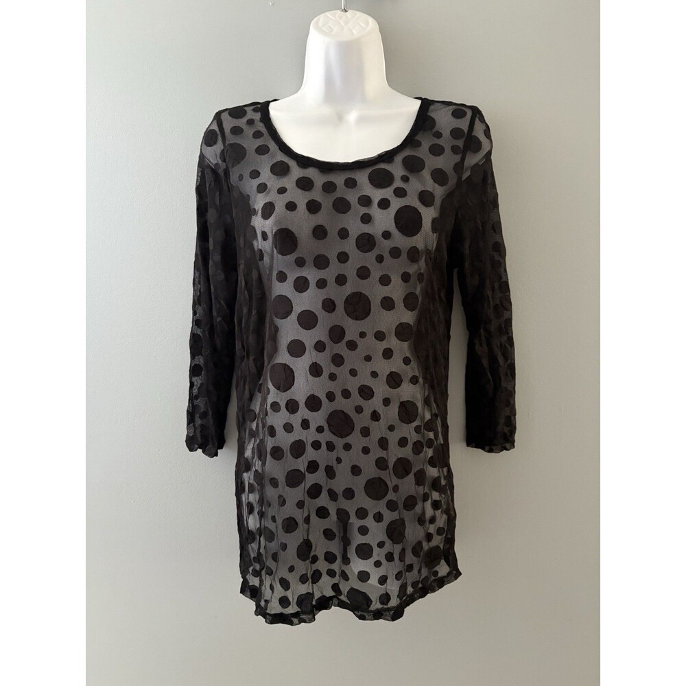 Comfy USA Tunic Top Womens Small Black Polka Dots Sheer Stretch Whimsy Goth Soft